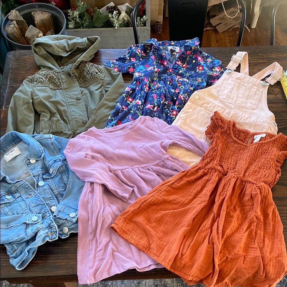 Lot of girls 4/5 boho clothing jean jacket olive coat dresses overalls Euc